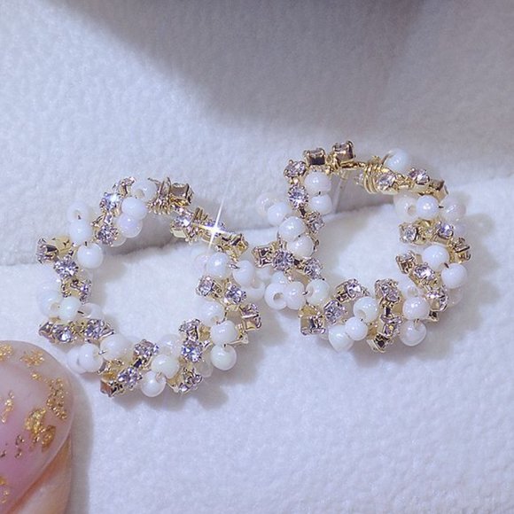 Jewelry - NEW 14K Gold Plated Diamond Bead Circle Stud Earrings